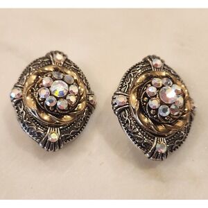 Vintage Clip On Earrings Gold Silver Tone Aurora Borealis Rhinestone Floral